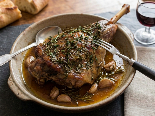 Gigot d'agneau confit mariné au thym et romarin