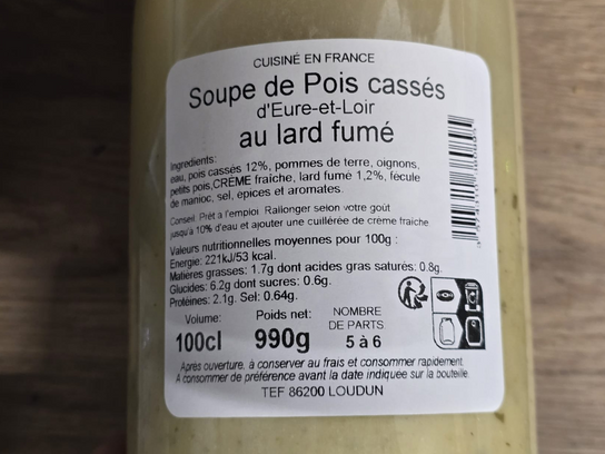 Soupe de Pois cassé d'Eure-et-Loir au lard fumé
