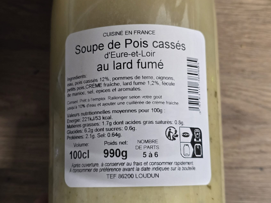 Soupe de Pois cassé d'Eure-et-Loir au lard fumé