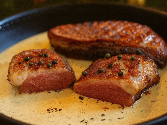 Magret de canard, sauce au poivre vert
