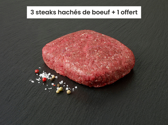 3 steaks hachés de bœuf de 150g + 1 offert de 150g