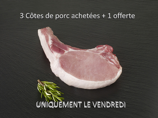 3 Côtes de porc première de 250g + 1 offerte de 250g