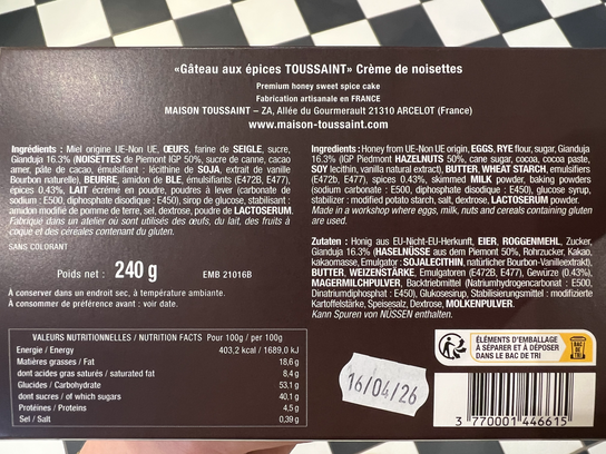 Gâteau aux épices crème de noisettes