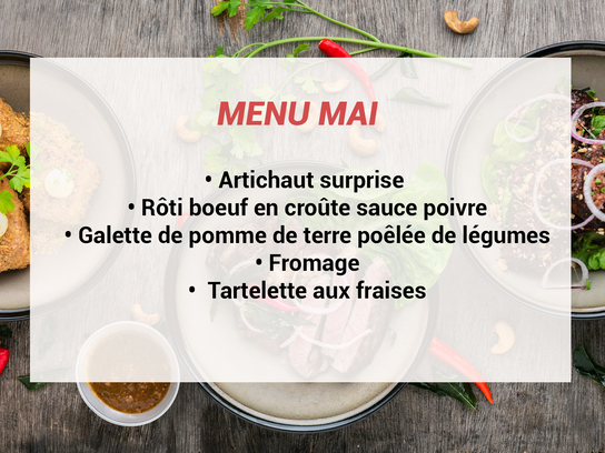 Menu pour le mois de mai à 18€/pers mini 4 pers