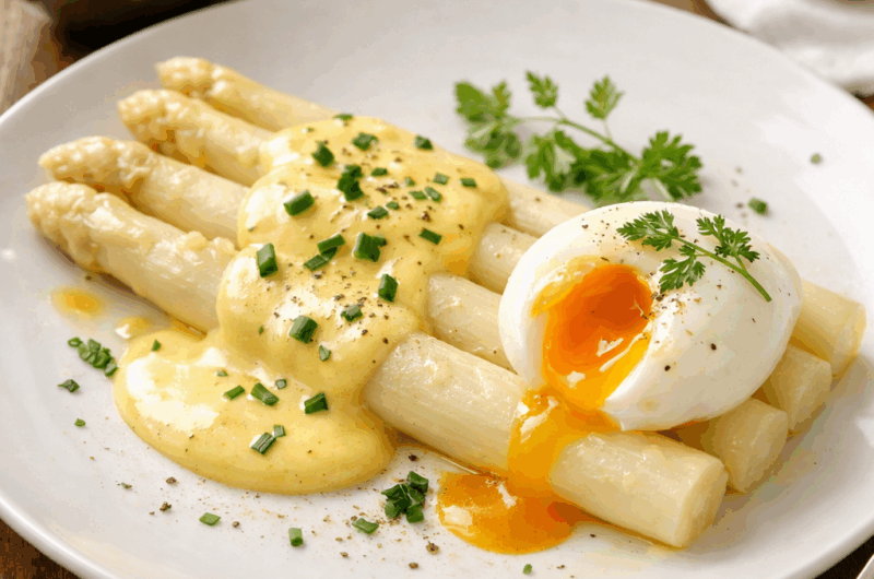 Les asperges blanches sauce hollandaise et œuf mollet